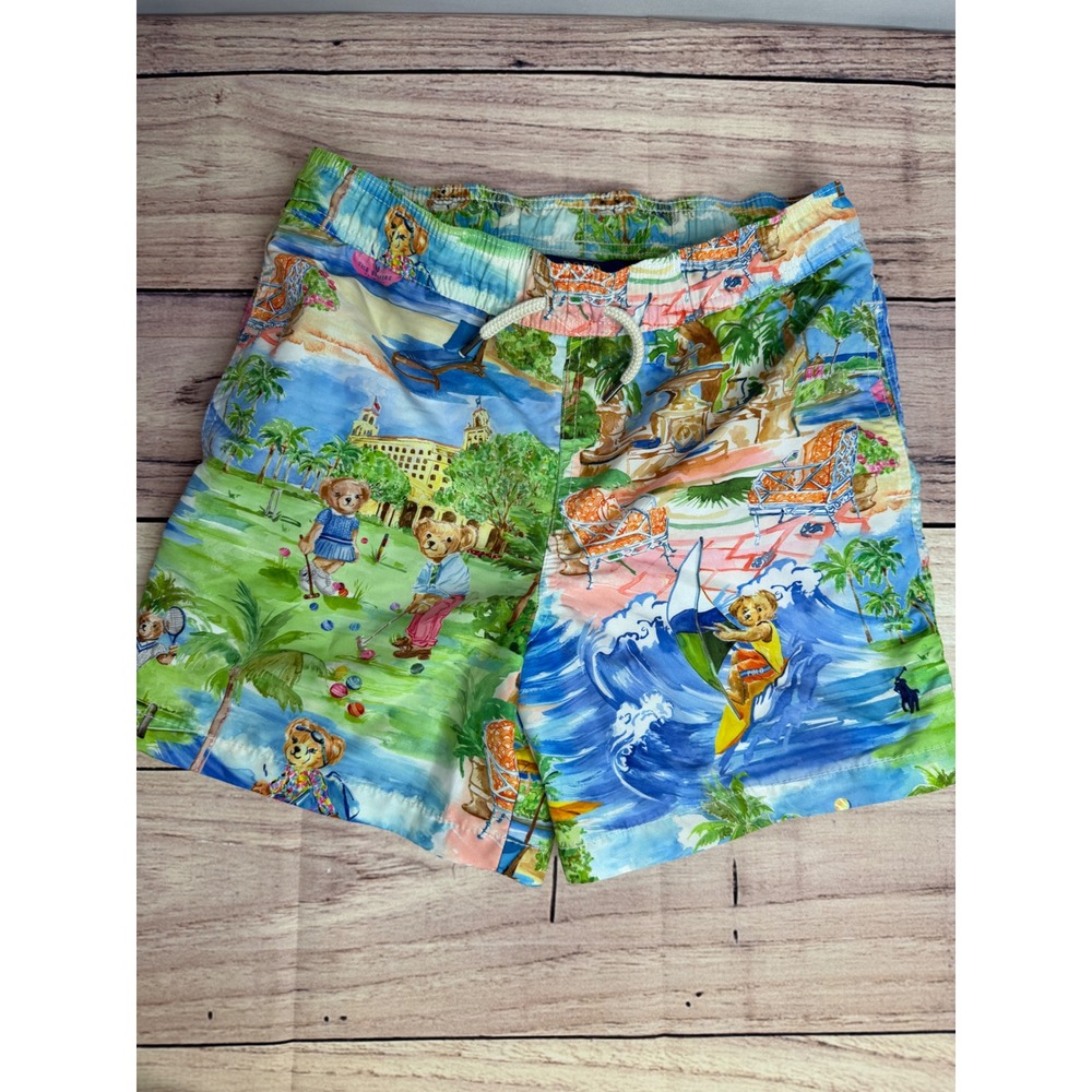Polo Ralph Lauren Kids Polo Bear Tropical Island Swim Shorts Blue Green Size S 8